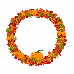 Naklejka na ściany i meble Autumn wreath with pumpkin, colorful leaves and rowanberry for design greeting card, poster, invitation, Halloween, Thanksgiving, Harvest day decoration. Fall season template with copy space for text