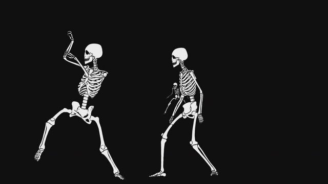 Seamless animation of a dancing skeleton printed drawn style cartoon. Funny halloween background with marker stroke effect in black and white.