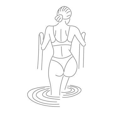 A girl comes out of the water in a swimming pool holding onto a ladder. Back view. Minimalism style. Suitable for use with decor, paintings, tattoos, printing on a t-shirt. Isolated vector