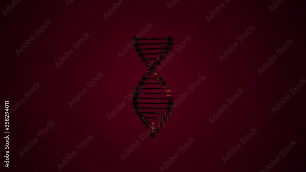 Poster 3d rendering of a spiral looking dna twisting around its axis over dark red background.