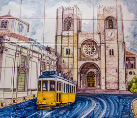 image on the house tile. large cathedral and tram
