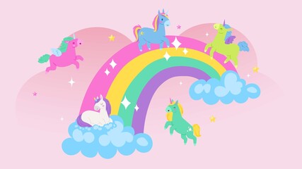 Unicorns on rainbow, children s poster, cute fantasy world, colorful pink background, design, cartoon style vector illustration. Fabulous animals, sky with blue clouds, funny, funny poster for print.