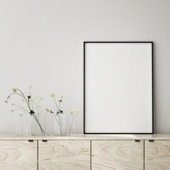 mock up poster frame in modern interior background, close up, living room, Scandinavian style, 3D render, 3D illustration