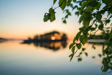 finnish summer sunset midsummer bright outside lakeside - obrazy, fototapety, plakaty