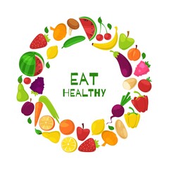 Organic healthy fruits and vegetables in circle eat healthy cartoon vector illustration. Eco veggies and fruits isolated on white for vegans shop poster.