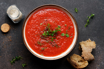 Tomato soup with herbs and spices. Mediterranean Kitchen. Traditional spanish gazapcho cold soup