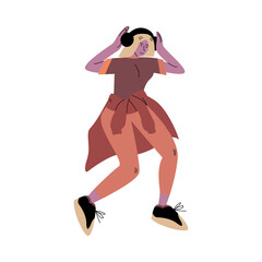 Happy smiling girl in red pants dancing and listening to music with headphones. Vector illustration in flat cartoon style
