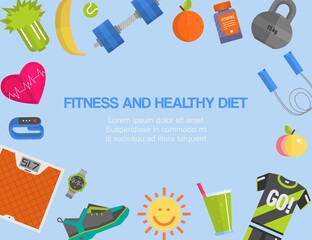 Fitness, gym, cardio, healthy diet and lifestyle advertising poster with weight scales, sport wear and food vector illustration. Fitness and healthy diet banner.