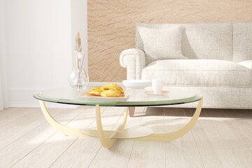 modern mock up with sofa, table with tea set and vases interior design. 3D illustration