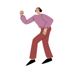 Happy smiling man in red pants dancing and listening to music with headphones. Vector illustration in flat cartoon style