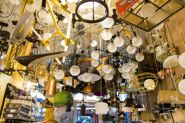 Light bulbs and equipments shop, large group of light bulbs,