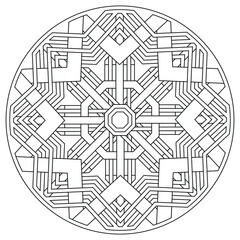 Octagonal star snowflake mandala pattern - black on white. Vector graphic of octagonal star mandala with black line art pattern on white background. Perfect for coloring book.
