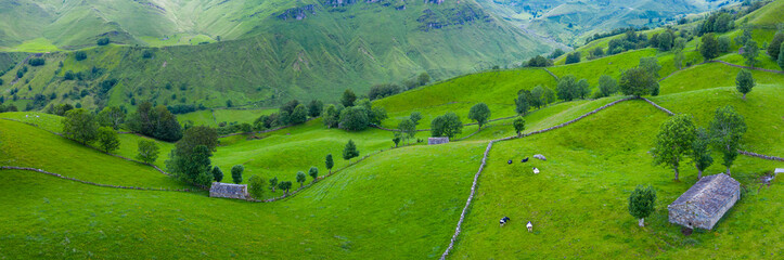 Aerial view with a drone of the spring landscape of pasiegas cabins and meadows in the Miera Valley in the Autonomous Community of Cantabria. Spain, Europe