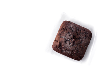 Sweet chocolate sponge cake isolated on white background. Top view. Copy space