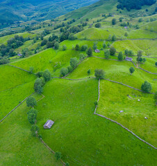 Aerial view with a drone of the spring landscape of pasiegas cabins and meadows in the Miera Valley in the Autonomous Community of Cantabria. Spain, Europe