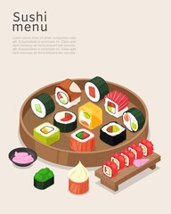 Sushi menu, asian food with rice poster vector illustration. Cooking restaurant roll with salmon on bright background, bar cuisine design. Fresh japanese seaweed with tuna on wooden board, flyer.