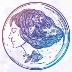 Portret of young fairy with gold fishes. Magic river nymph, mysterious character from mermaid tales. Isolated vector illustration.
