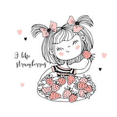 Cute little girl eating strawberries. Vector illustrations