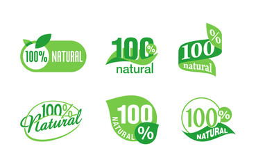 100 natural sticker collection - isolated vector quality stamp for healthy food products in 6 different options - eco-friendly icon set
