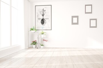 modern room with frames and plants interior design. 3D illustration