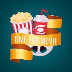 Movie time in cinema, entertainment vector illustration. Film with popcorn box, cinematography video striped concept. Pop poster with drink, snack and television retro tape, banner.
