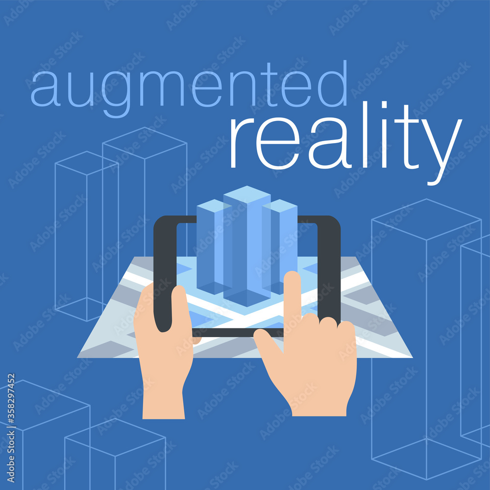 Poster augmented reality - vector concept with tablet screen holding in hands, isometric map and 3d-visuali