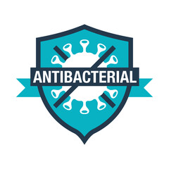 Antibacterial formula shield stamp with crossed virus inside - vector isolated sign for antiseptic cosmetics and medical pharmaceutical products