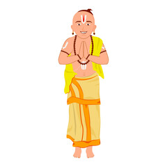 South Indian priest with a folded hand doing namaskar in a very traditional style.