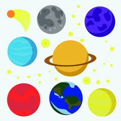 cosmic set of planets, stars, constellations and comets on a white background. A set of colored cartoon images of Mars, Saturn, earth, and other planets. For children's books, postcards, stickers