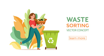 Young woman throwing glass garbage into containers vector illustration