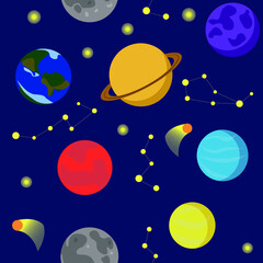 seamless pattern on a blue background from planets, stars, constellations and comet. Colored cartoon images of Mars, Saturn, earth. For fabric, textile, packaging paper, screen saver, Wallpaper