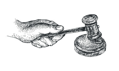 Male hand holding judges wooden gavel. Law, advice and Legal services. Hand Drawn retro vector Illustration in ancient engraving style