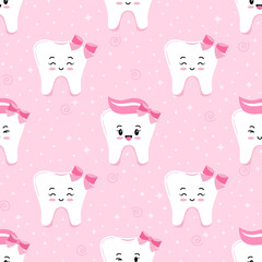 Cute tooth emoji girl seamless pattern. Tooth with bow, paste on head and sparkles vector kids print on pink background. Flat design cartoon kawaii style smiling emoji character endless texture.