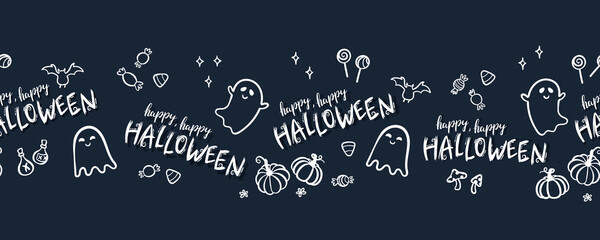 Fun hand drawn halloween horizontal seamless pattern with ghosts, pumpkins, bats and candy. Great for halloween concepts, textiles, banners, wallpapers, wrapping - vector design