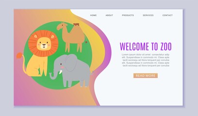 Zoo cartoon animal, vector illustration. Welcome to zoo landing banner, funny safari template poster with wildlife nature Elephant, lion, camel cartoon character at green background.