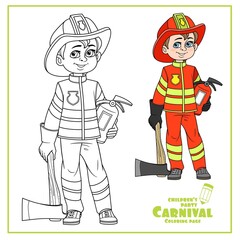 Cute boy in firefighter suit in helmet with an ax and a fire extinguisher color and outlined for coloring page
