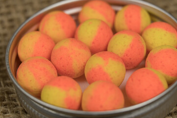 Boilies, fishing baits, close up, Fishing baits for carp. Baits for carp.