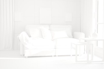 modern white room with sofa,pillows,plaid,table,vases and curtains interior design. 3D illustration