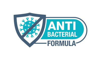 Antibacterial formula stamp - shield with crossed virus inside - vector isolated sign for antiseptic cosmetics and medical pharmaceutical products