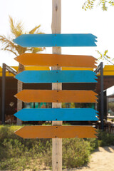 Direction signs on a wooden post. Several wooden signs of direction indicators, place for text,...
