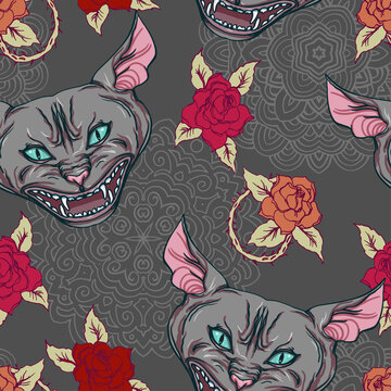 Realistic detailed hand drawn pattern of angry roaring sphinx cat head on a background of red roses, abstract ornament. Graphic tattoo style image. Textile, clothes fabric, paper print.