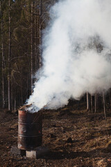 Heavy smoke flowing from rusty old metallic barrel while burning tree branches