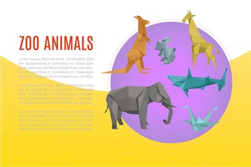 Animal zoo banner, cartoon exotic nature, vector illustration. Wild and zoo character, jungle wildlife. Cute origami elephant, giraffe, kangaroo and hare. tropical zoology landing banner.