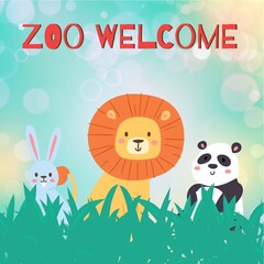 Fototapeta premium Zoo animal welcome, vector illustration. Funny wildlife background, template poster forest, cute lion, panda and hare cartoon. Flat flyer banner cute nature, park, jungle brochure invitation.