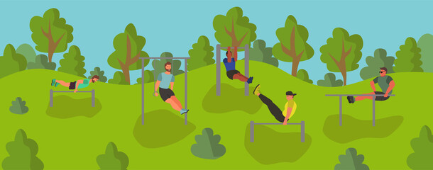 Obraz na płótnie Canvas Men taking physical activity in outdoor park. Training, street workout, exercises. Active sports in a city park on the playground. Flat style vector illustration.