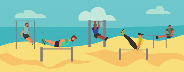 Fototapeta na wymiar Men taking physical activity on the Beach. Training, street workout, exercises. Active sports on Seaside on the playground. Flat style vector illustration.