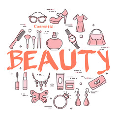 White banner of woman accessories with red text Beauty