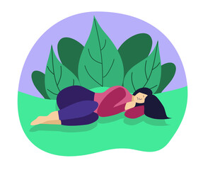 Sad young woman lying on the ground. Upset girl crying.Depression psychology concept. Flat character vector illustration.