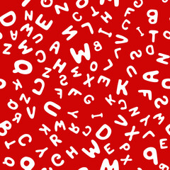 Seamless pattern letters of the English alphabet Christmas colors. White letters on a red background. Vector illustration. Design, web banner, wrapping paper, postcards.