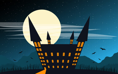 Castle bats on Full Moon background